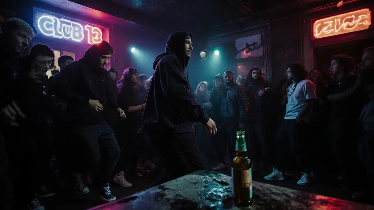 A crowded underground club with neon lights and dancers in hoodies, pulsing with techno and rap music.