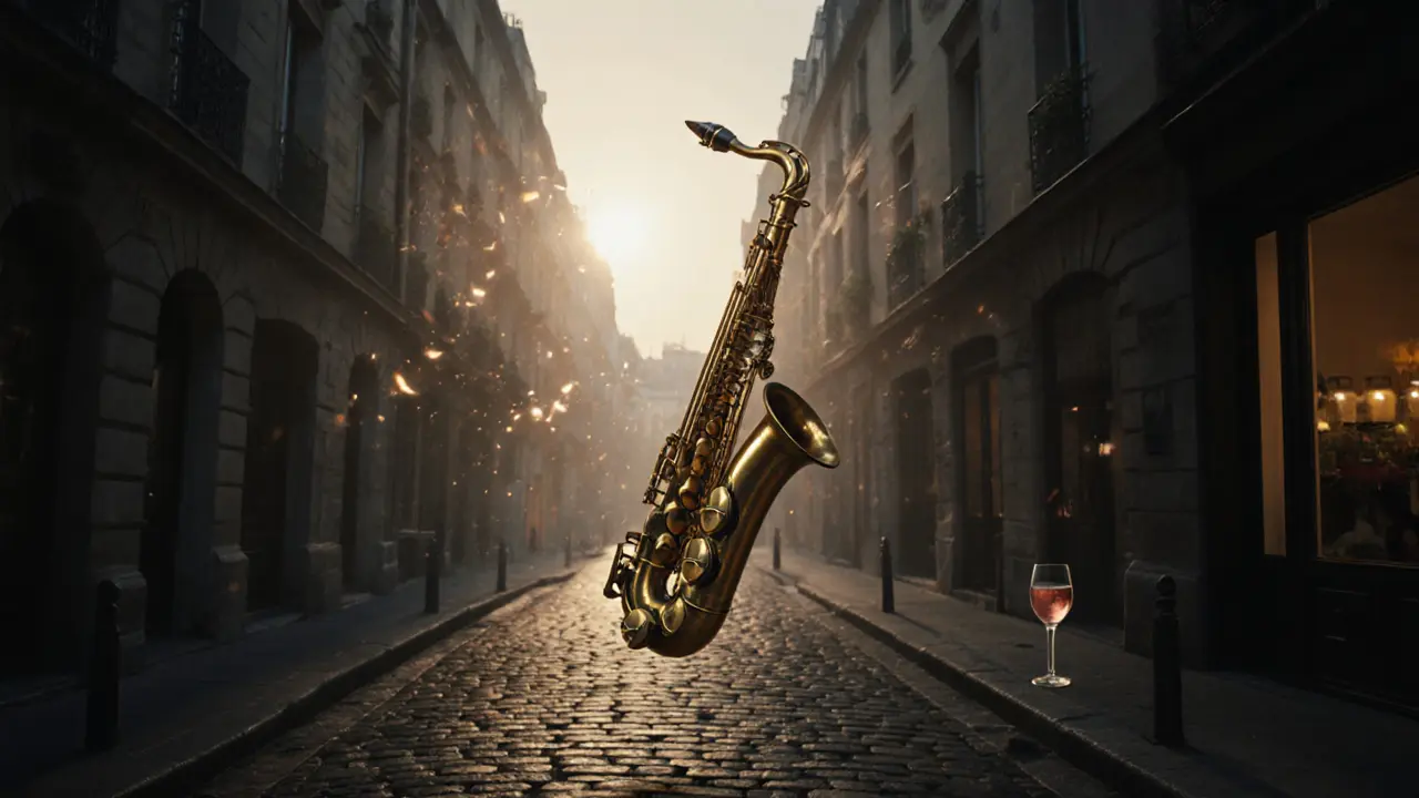 A golden jazz saxophone&#039;s sound waves float over a quiet Paris alley at dawn, with a glass of rosé on a windowsill.