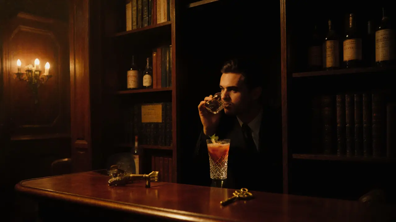 A hidden bar behind a bookshelf with a lone guest sipping a cocktail in warm dim light.