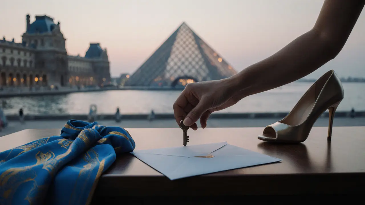 A key and envelope rest on a wooden table with a silk scarf, hinting at a discreet, meaningful encounter in Abu Dhabi.
