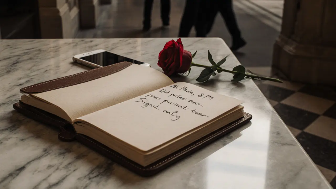A leather notebook with handwritten appointments and a red rose on marble, next to a silenced phone.