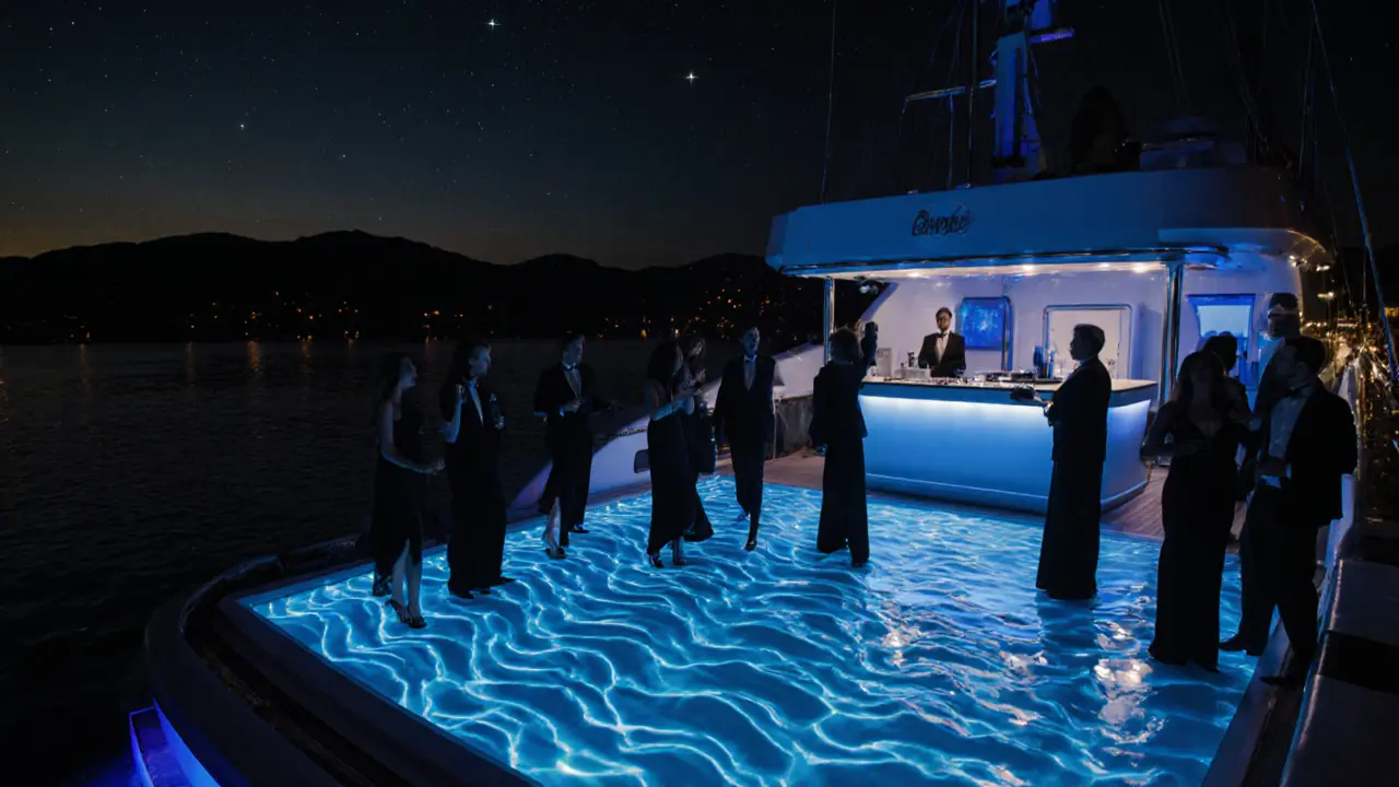 A luxury yacht transformed into a nightclub, glowing LED dance floor above water, guests in elegant attire under starry skies.