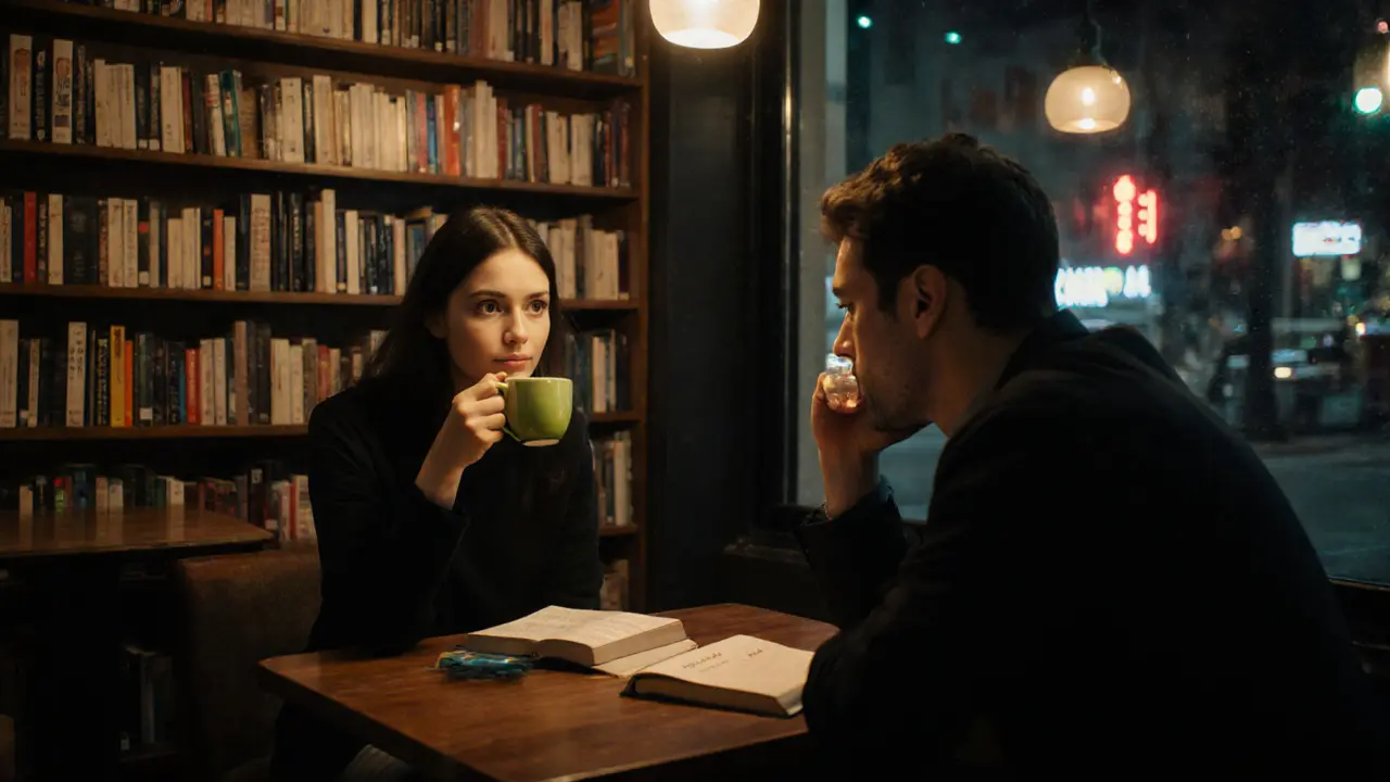 A man and woman in a quiet art district café, engaged in thoughtful conversation over matcha and a book.