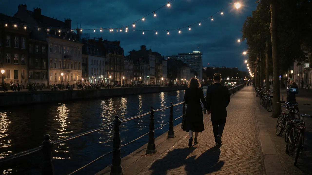 A man and woman walking peacefully along a Berlin canal at night under soft string lights, sharing quiet companionship.