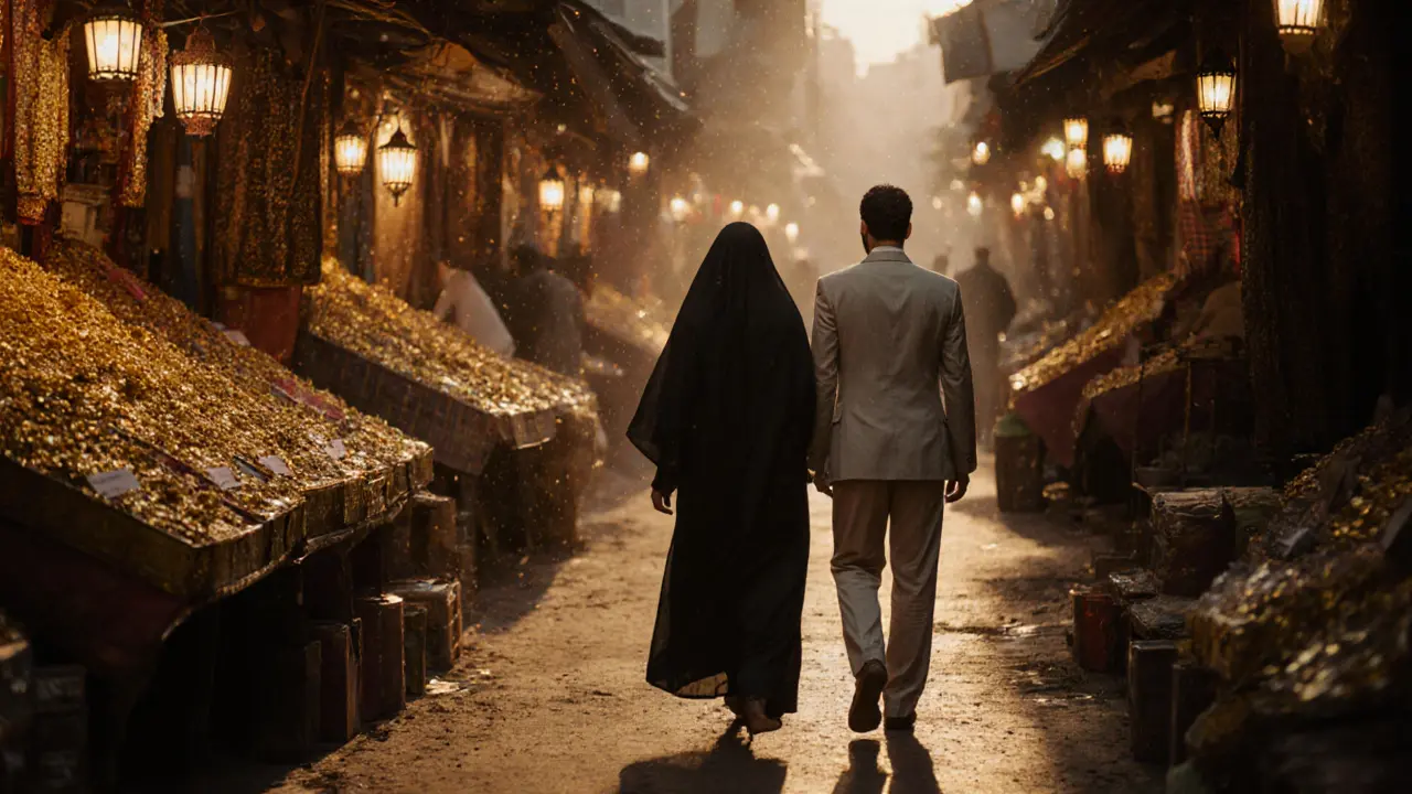 A man and woman walking through the Gold Souk at dusk surrounded by glowing gold stalls.