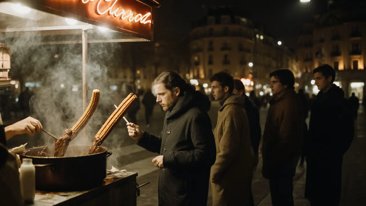 A midnight churros cart in Paris with vendors frying dough and locals waiting under a flickering neon sign, dark chocolate dripping.