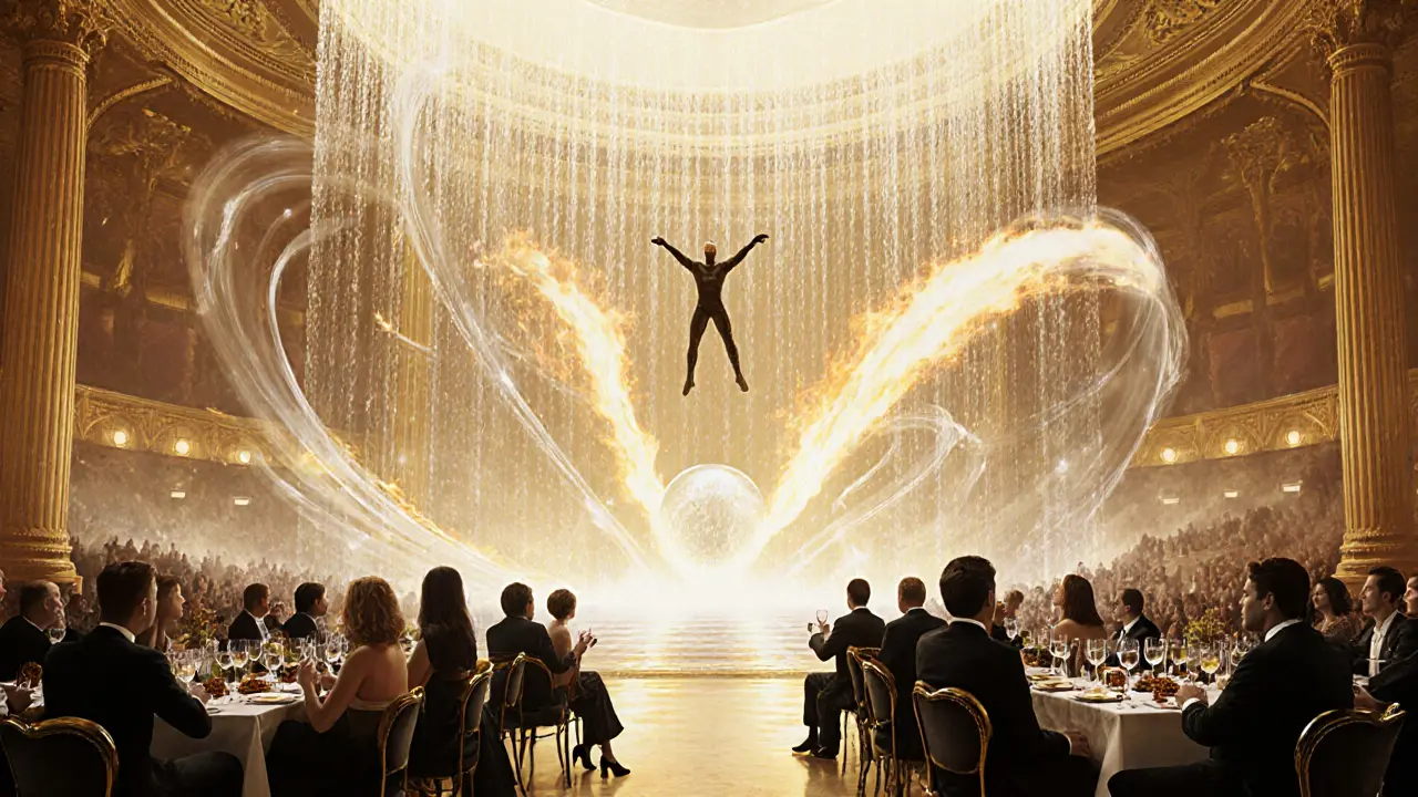 A pearl-shaped theater with acrobats in mid-air, holograms, and guests in black tie sipping wine as caviar is served on gold spoons.