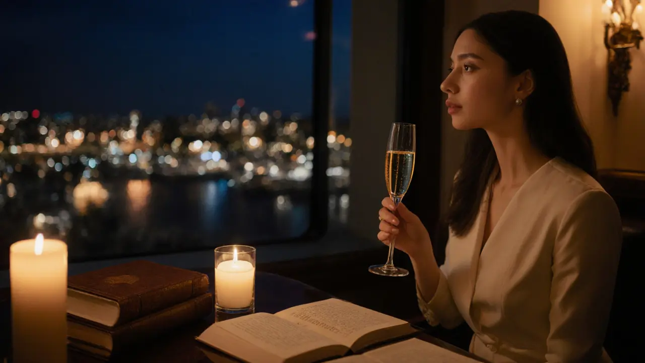 A poised woman in a luxury hotel bar gazing at the marina, candlelight reflecting off her champagne flute.