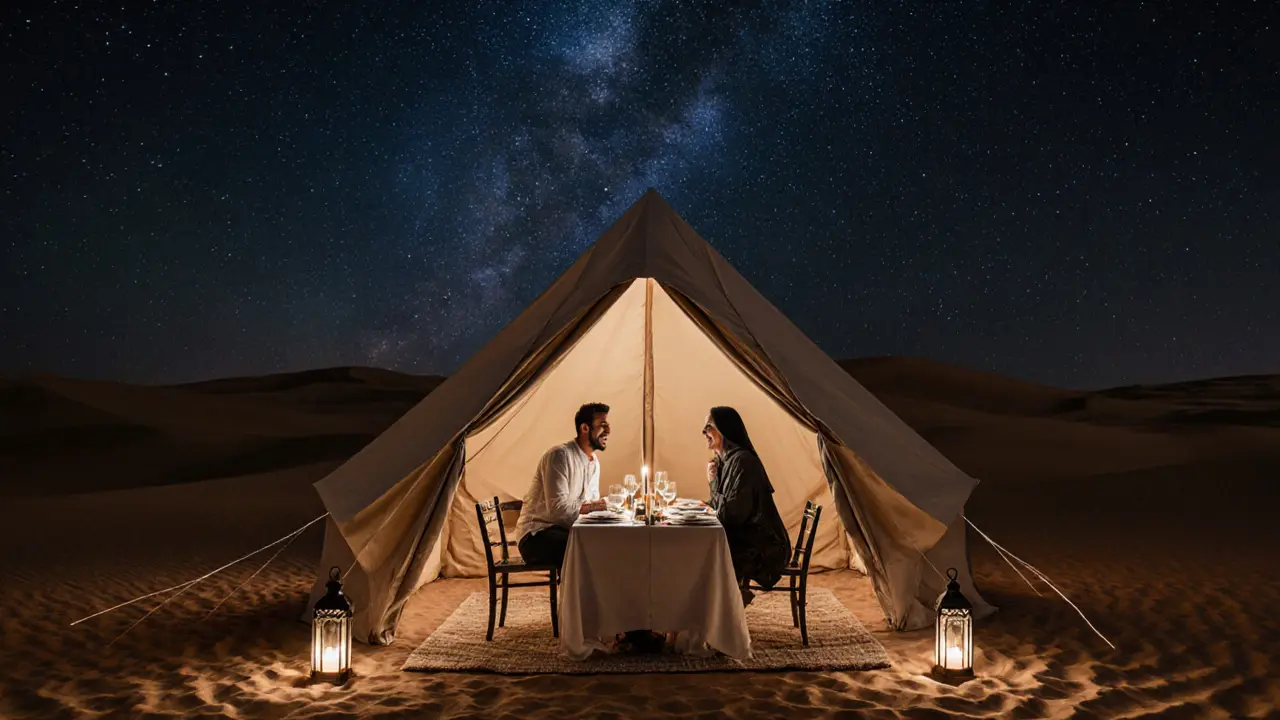 A private desert dinner under the stars with lanterns and oud music.