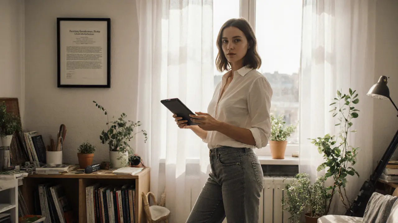 A professional escort in Berlin standing in her bright, book-filled apartment, holding a tablet with a client message.