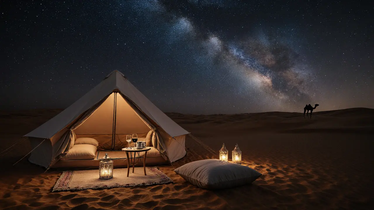 A serene desert night under the stars with a luxury tent and glowing lanterns, evoking quiet elegance.