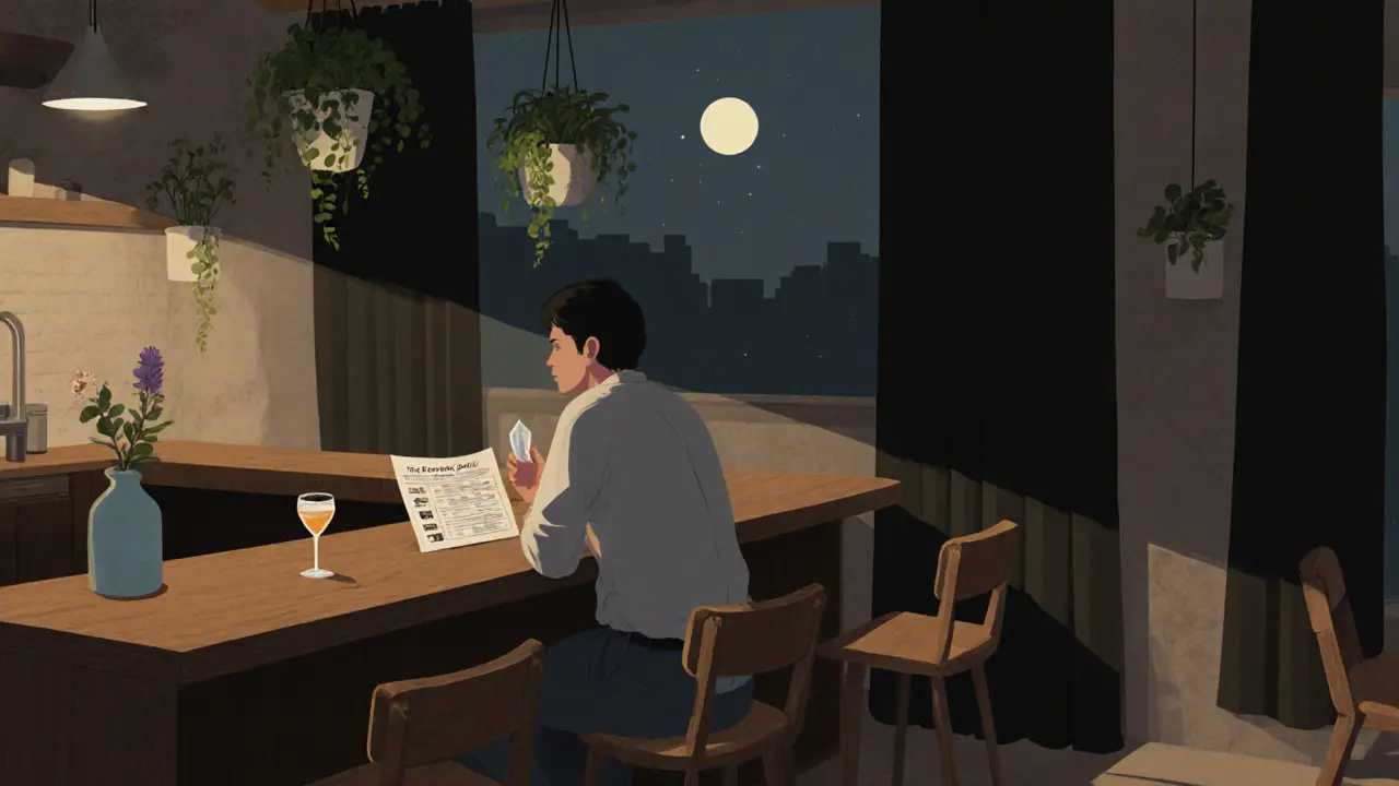 A solitary guest holds a crystal at The Quiet Bar, surrounded by calm silence and soft moonlight.