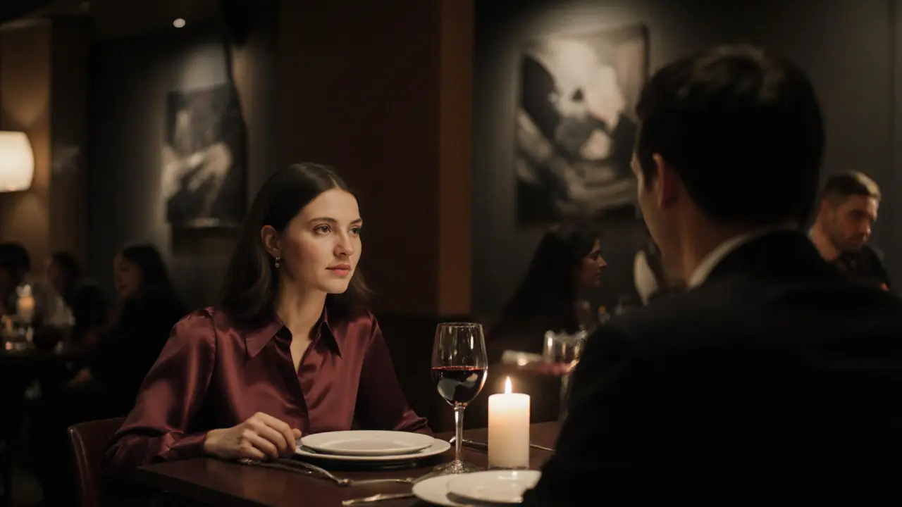 A sophisticated couple shares a quiet dinner at an upscale Berlin restaurant with candlelight and art on the walls.