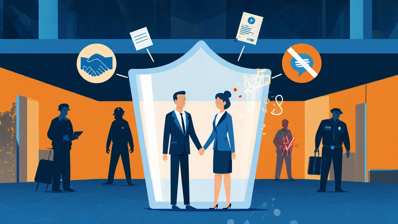 A symbolic image showing trust and safety boundaries between a traveler and companion, with threats of scams and legal risk in the background.