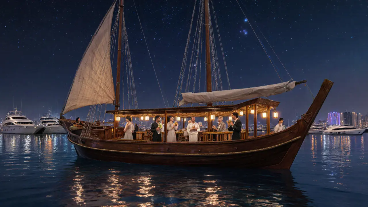 A traditional dhow boat turned into a nighttime bar on the waterfront, lit by lanterns with live oud music.