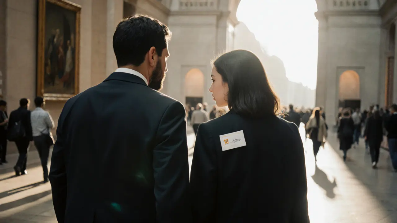 A woman and man exploring Islamic art together at the Louvre Abu Dhabi, focused on cultural discovery.