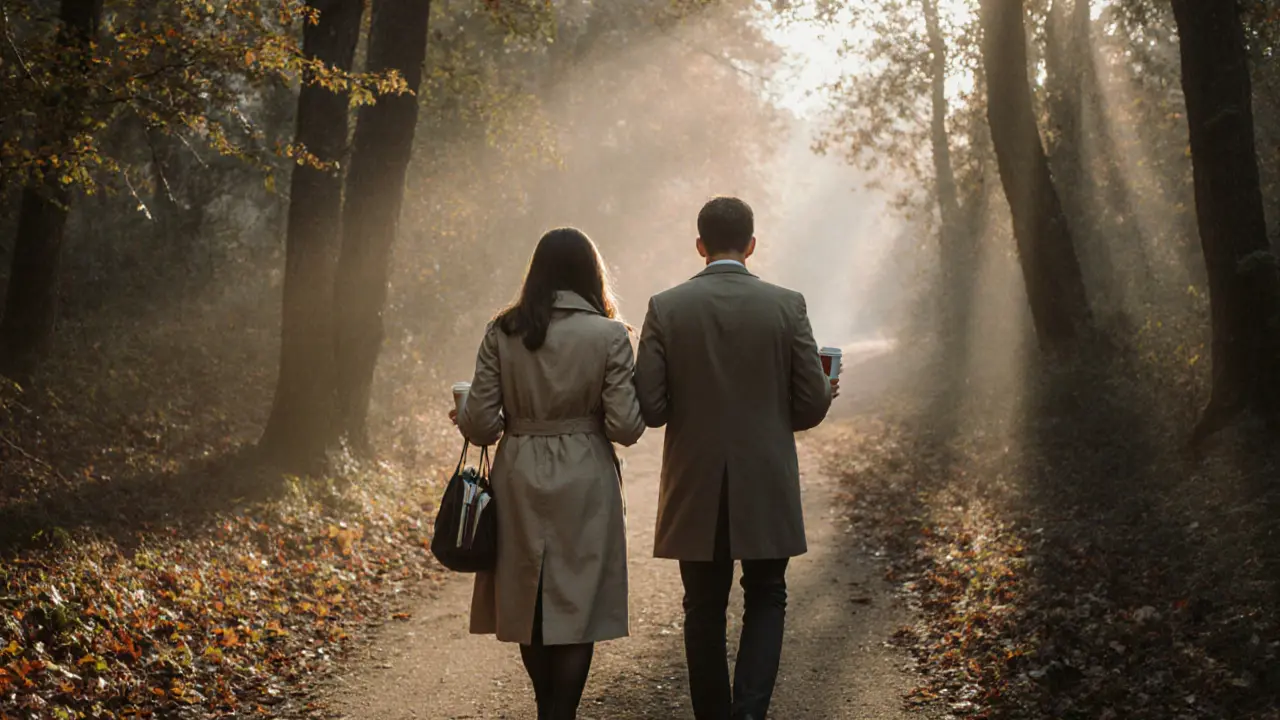 A woman and man walk peacefully together through Tegel Forest in Berlin, both carrying coffee cups and books.