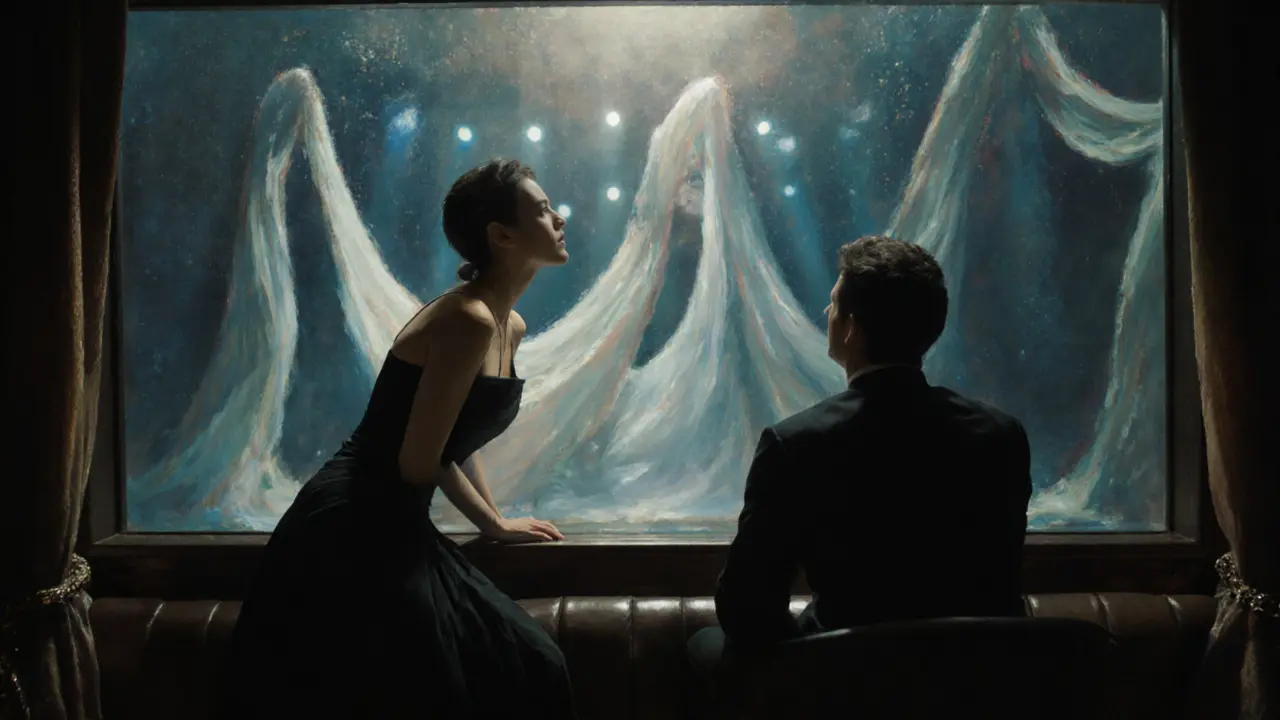 A woman in a black gown watching La Perle&#039;s performance from a VIP box, her companion observing her.