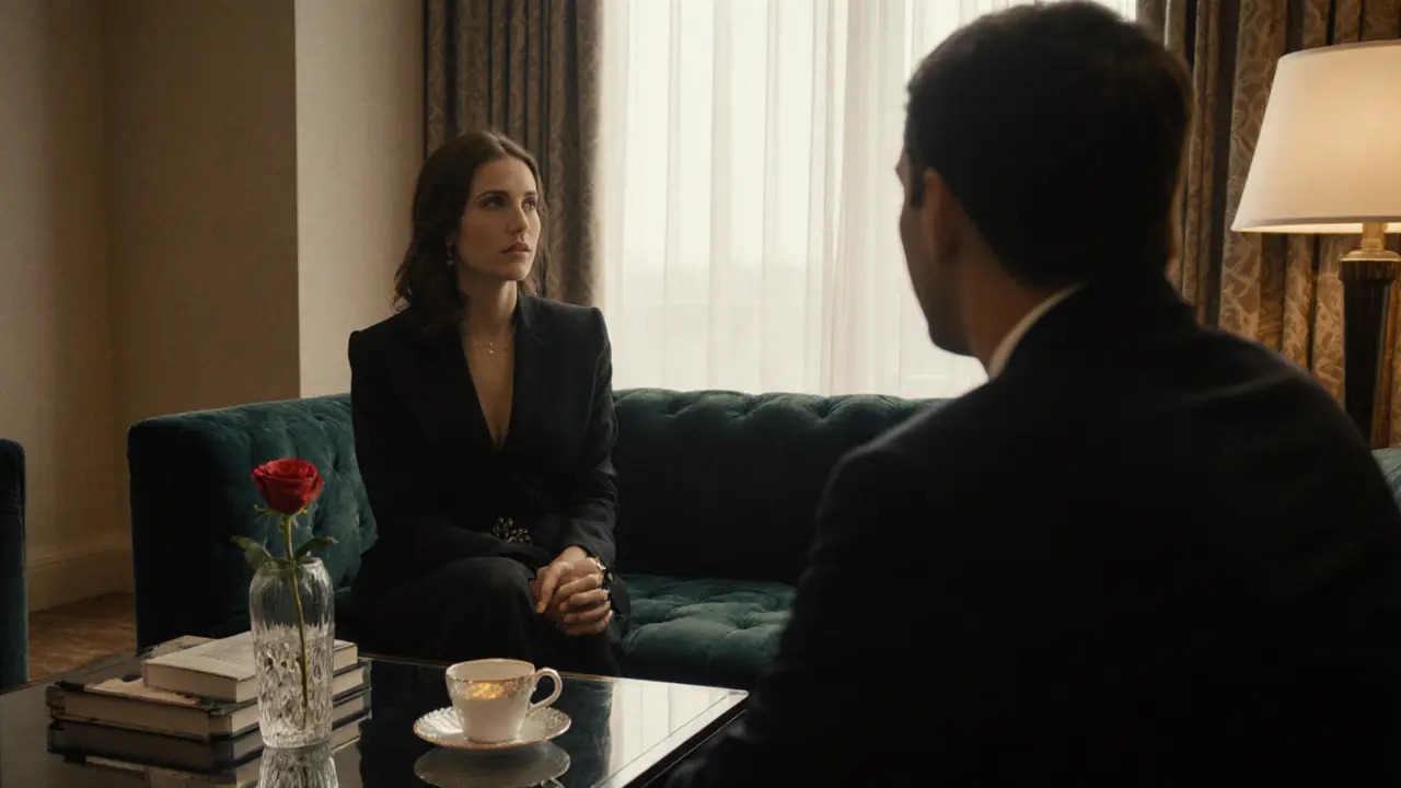 A woman listens attentively to a man in a high-end hotel lounge, surrounded by subtle signs of thoughtful connection.