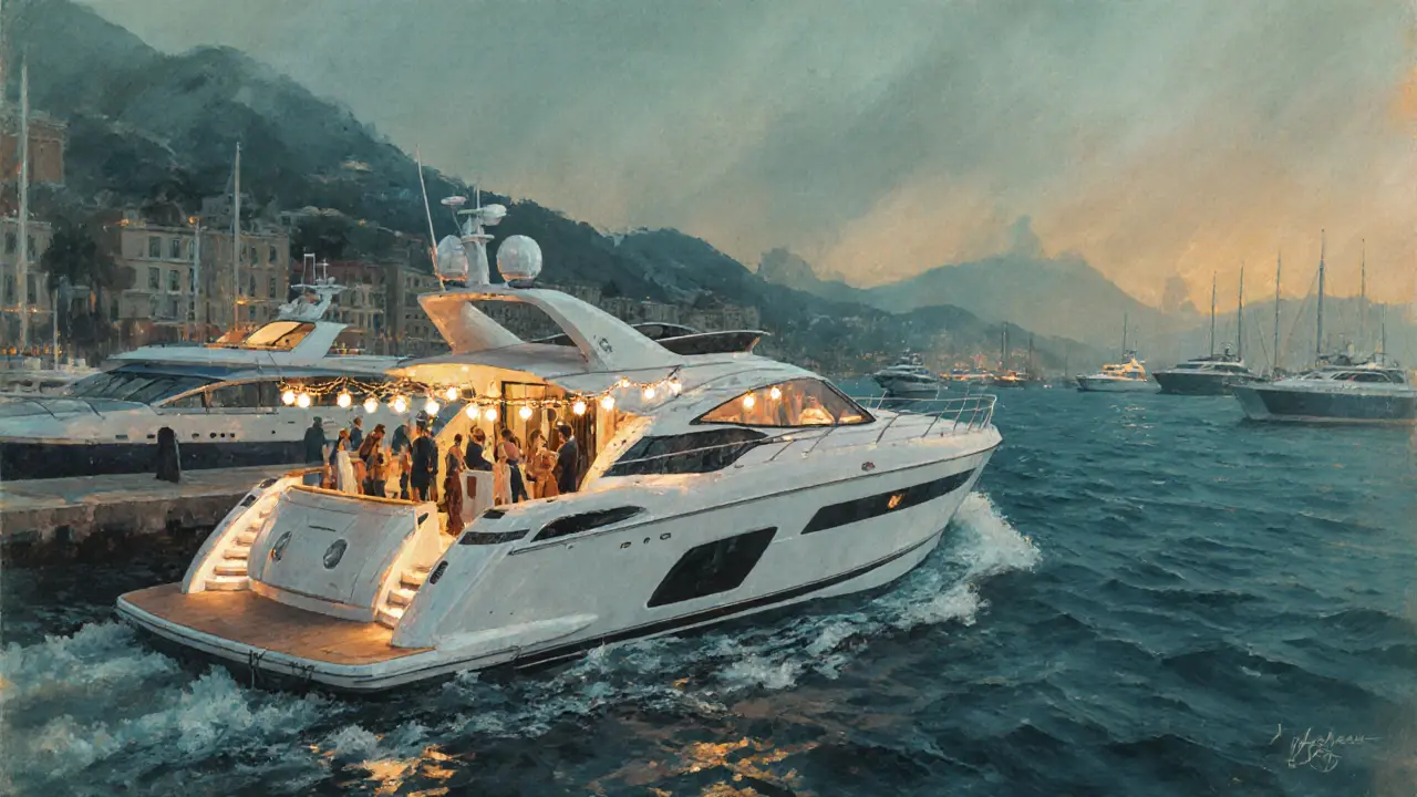 A yacht nightclub at dusk with guests dancing on deck under lanterns beside the harbor.