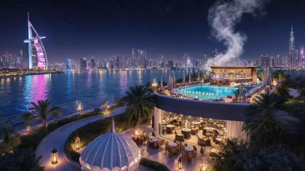 Abu Dhabi skyline at night showing club, rooftop bar, and hidden lounge connected by lanterns.