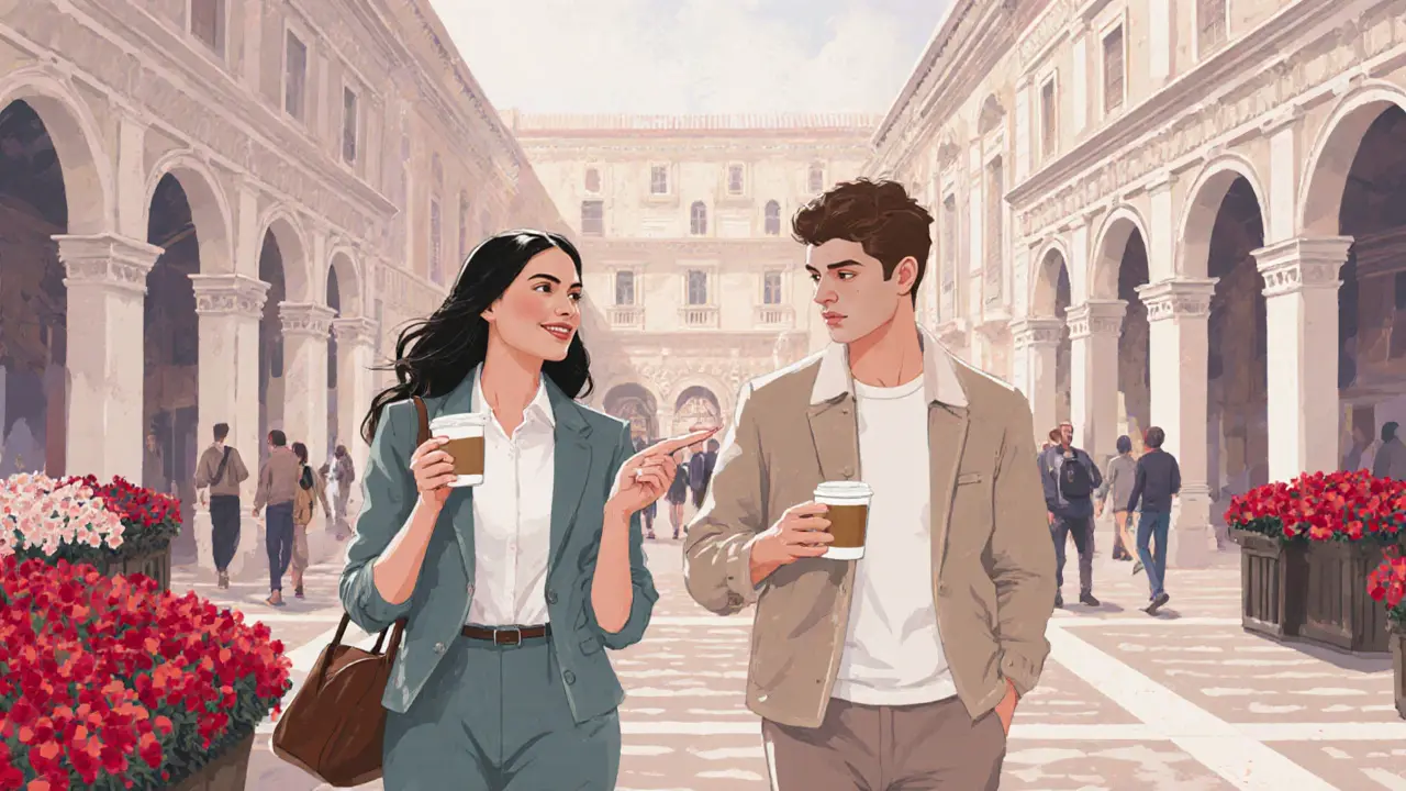 An escort and tourist walking through Galleria Vittorio Emanuele II, pointing out a hidden Milanese courtyard, cultural exchange in focus.