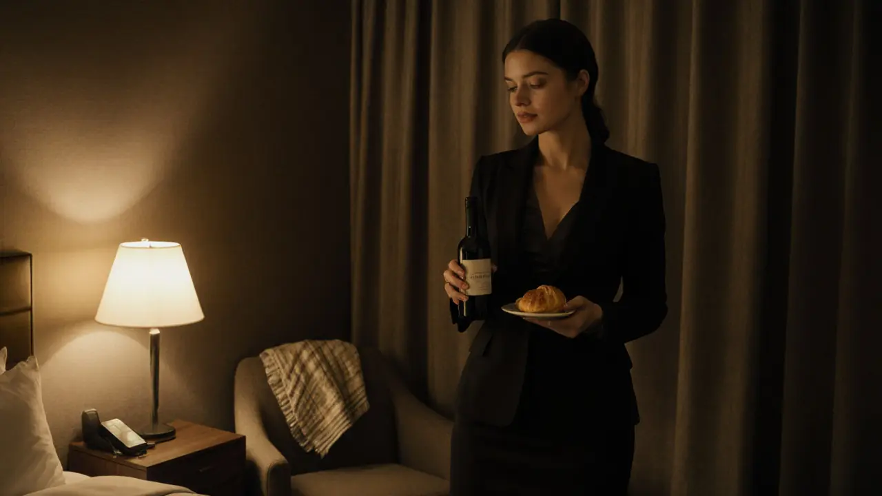 An escort arrives at a hotel room with wine and a snack, dressed elegantly, in a warm, respectful setting.