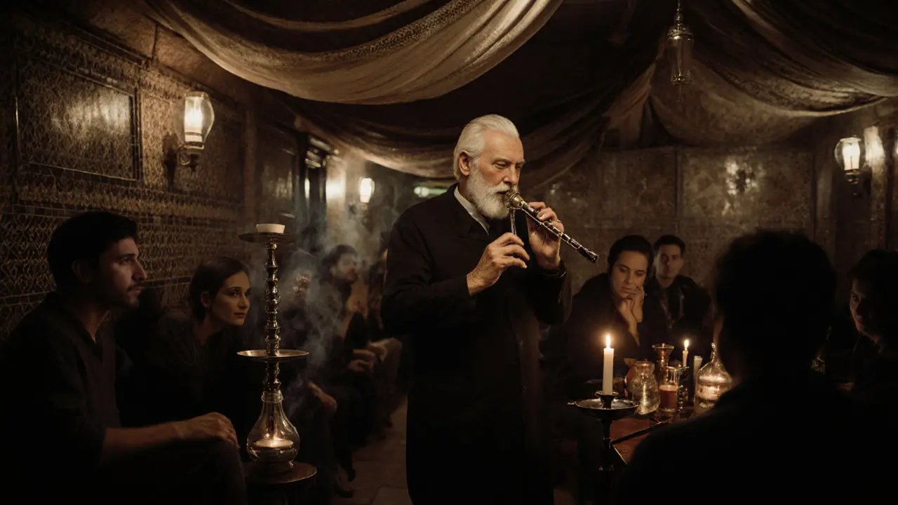 Basement bar under Galata Bridge with musician playing ney flute, candlelit and intimate atmosphere.