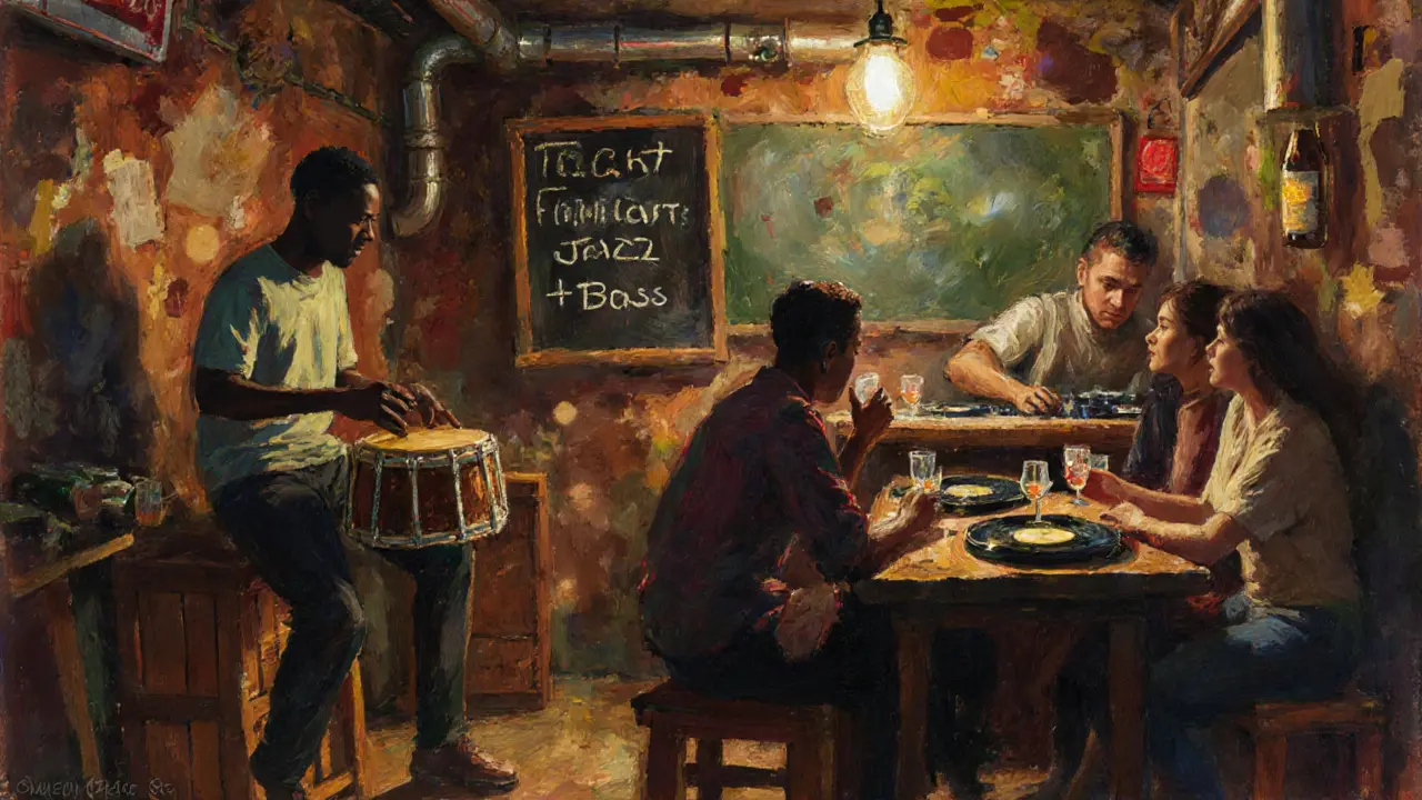 Basement bar where live percussion meets DJ sets under a chalkboard menu.