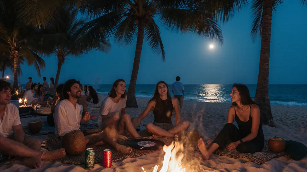 Beach party at night with blankets, vinyl record player, and waves rolling in under palm trees.