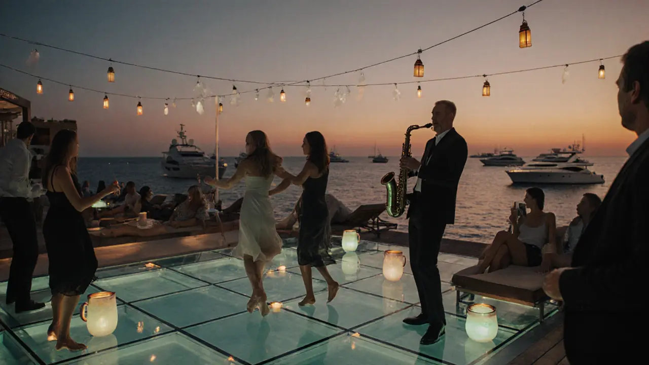 Beachside nightclub with glass floor and bioluminescent cocktails, guests dancing as lanterns float over the sea at sunset.