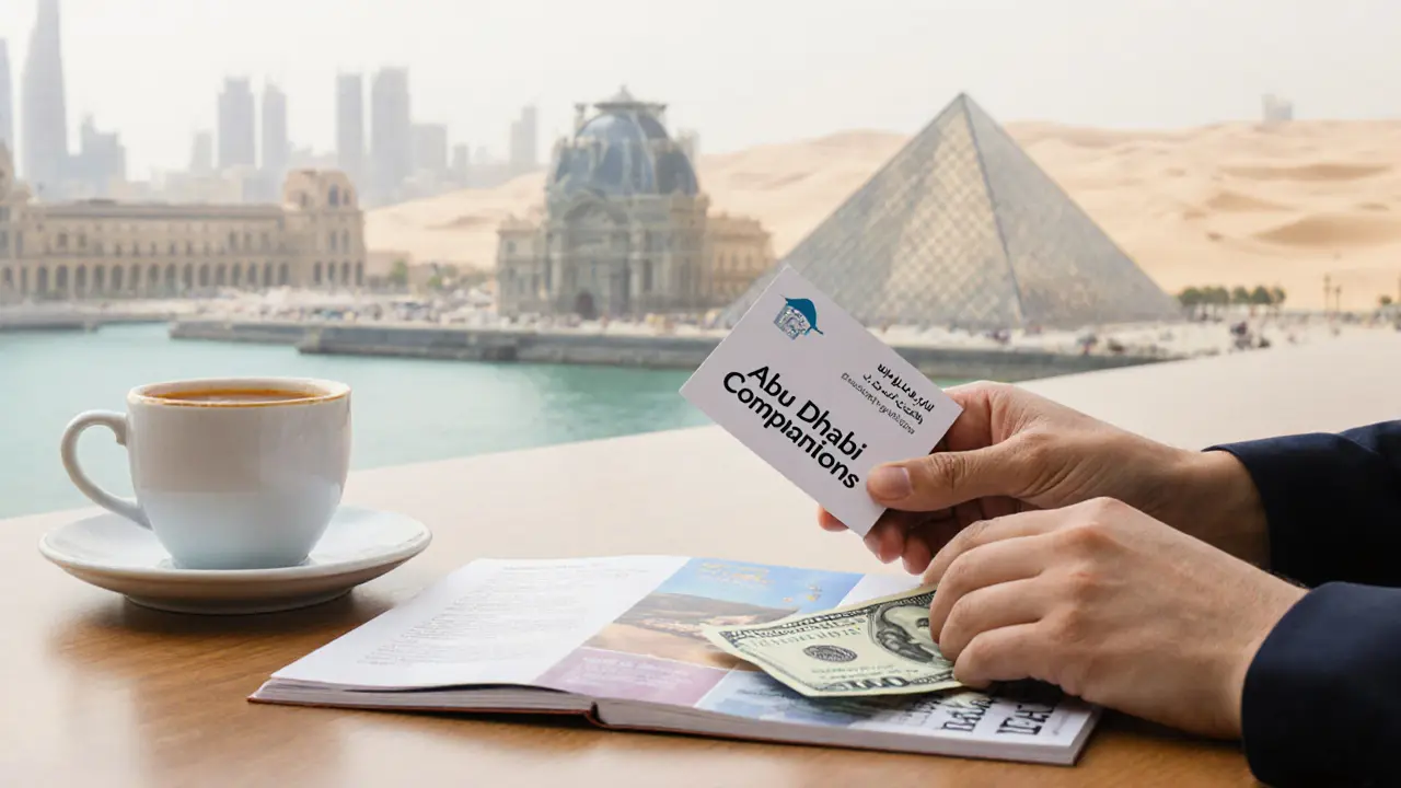Business card and payment on a table beside coffee and a guidebook, symbolizing legal companionship in Abu Dhabi.