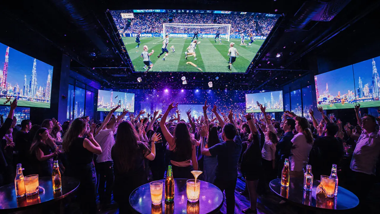 Celebrating crowd at Big Blue Dubai with rotating screen, dancing, and free shots under city lights.