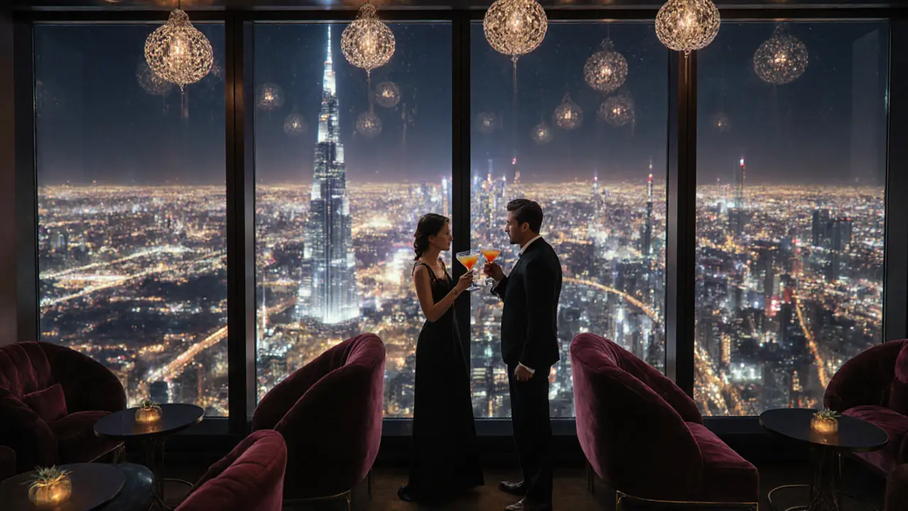 Couples enjoying cocktails at At.mosphere lounge with Burj Khalifa glowing below at night.