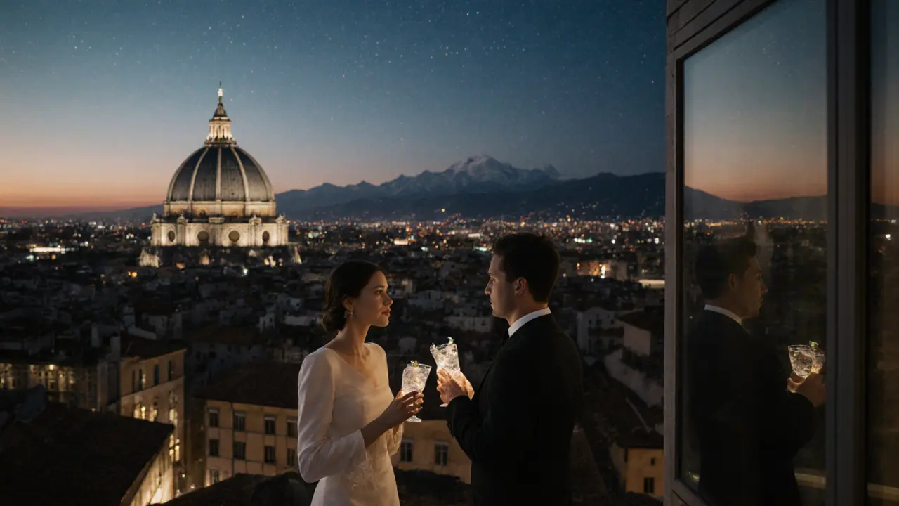Couples on a rooftop bar overlooking Milan&#039;s skyline at night with the Duomo in view.