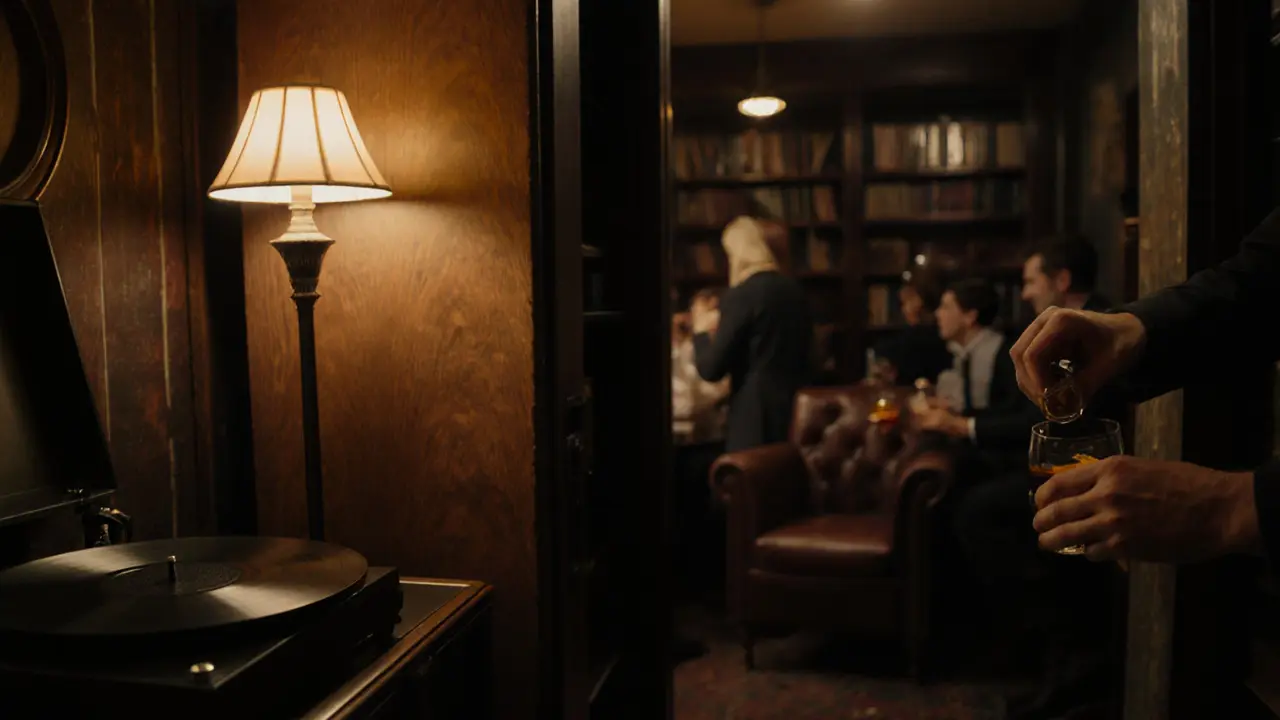 Cozy hidden speakeasy with jazz records playing and patrons sipping whiskey in dim, intimate lighting.