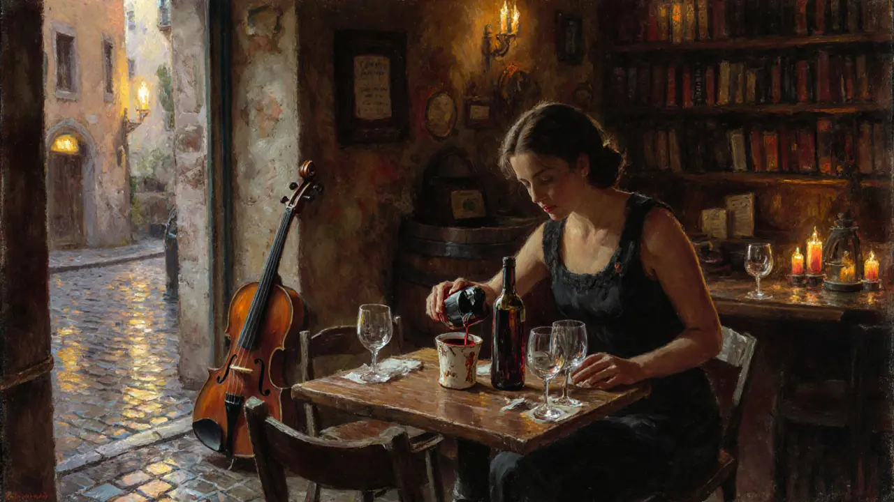 Cozy Navigli wine bar with barrel-poured red wine and vintage books in soft candlelight.