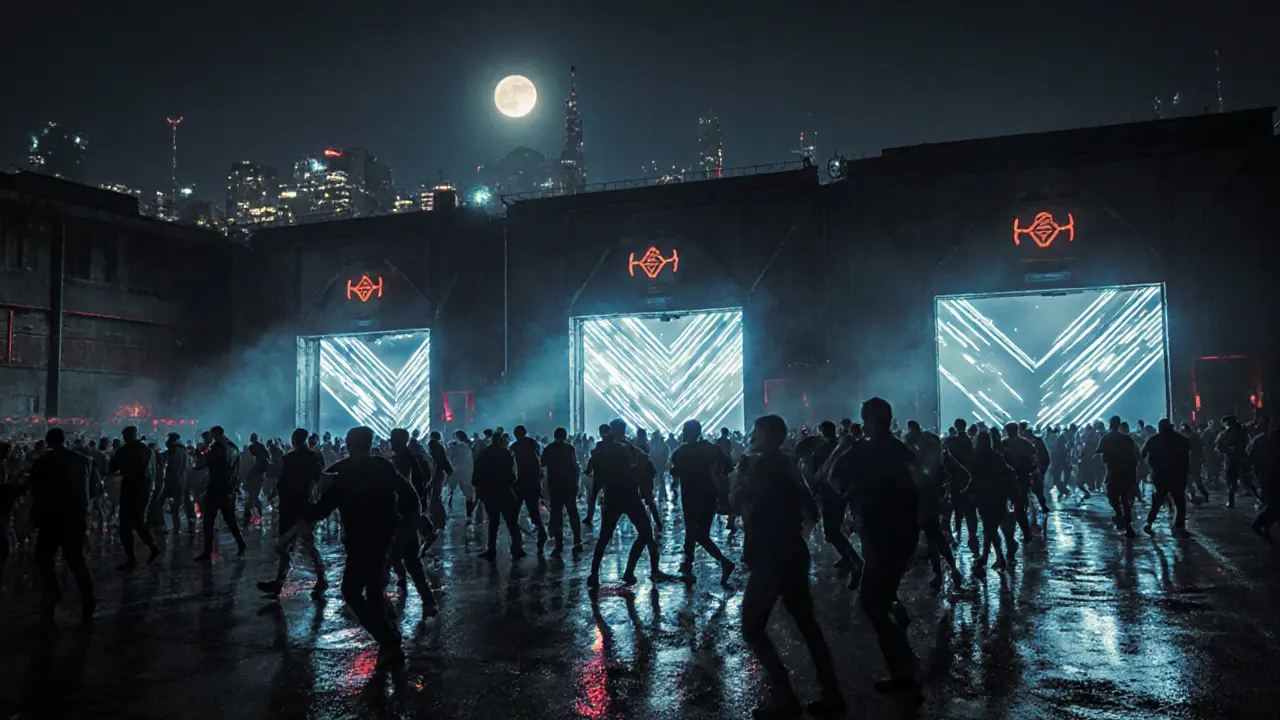 Crowd dancing at an industrial nightclub in Bracco with neon lights and bass vibrations.