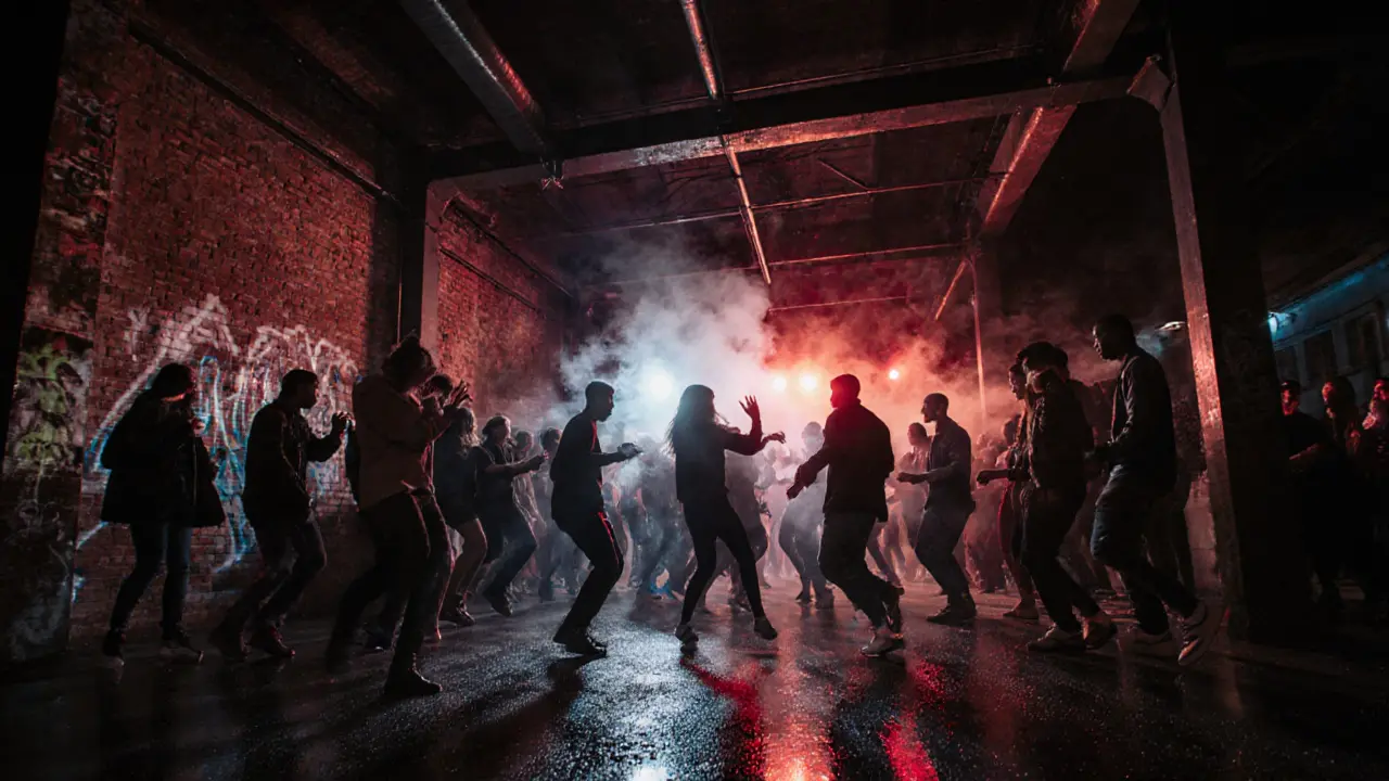 Crowd dancing at Ex Dogana nightclub under neon lights in a converted warehouse near Milan&#039;s canals.