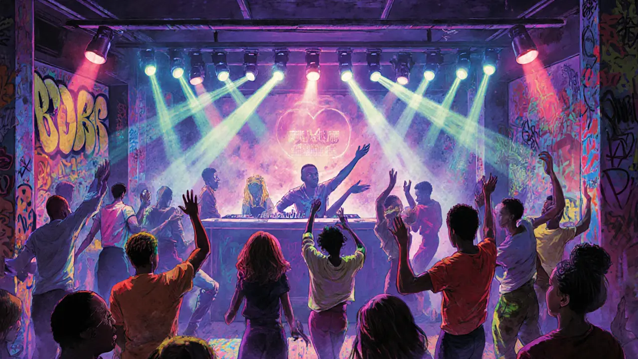 Crowd dancing energetically in a neon-lit Belleville nightclub with graffiti walls and vibrant strobe lights.