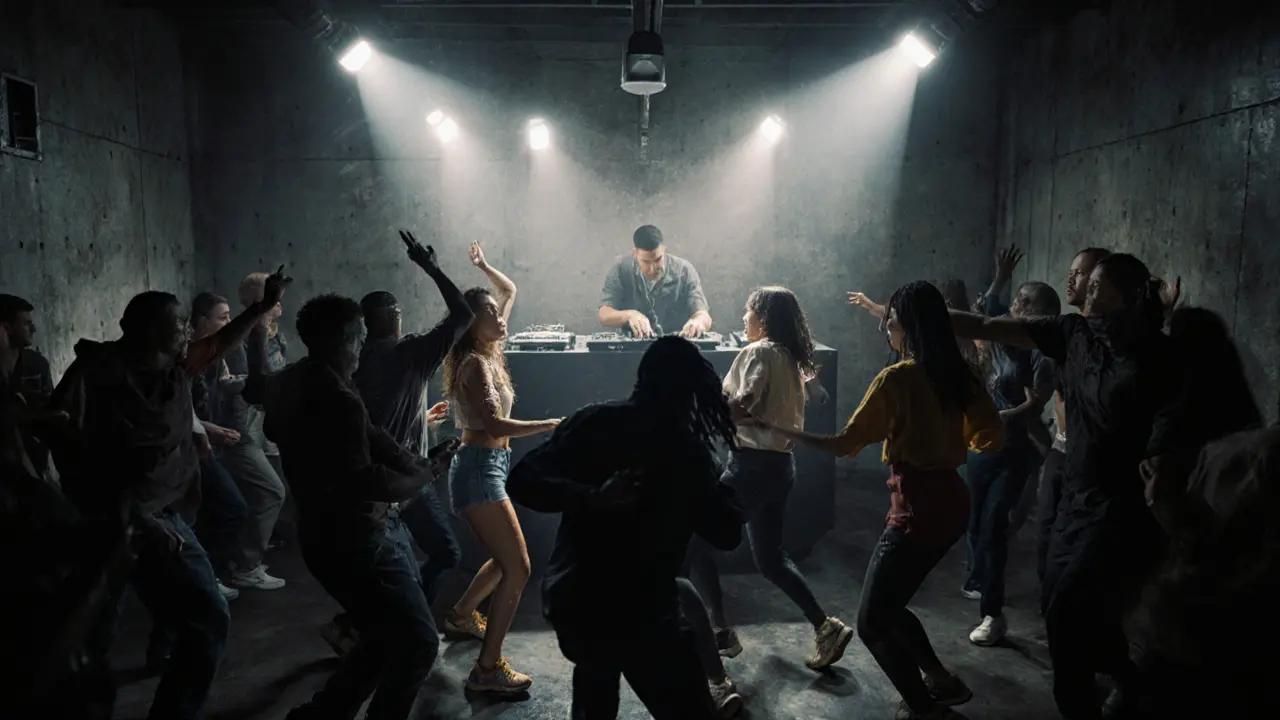 Crowd dancing in a raw, industrial nightclub with dramatic light beams and no decorations.
