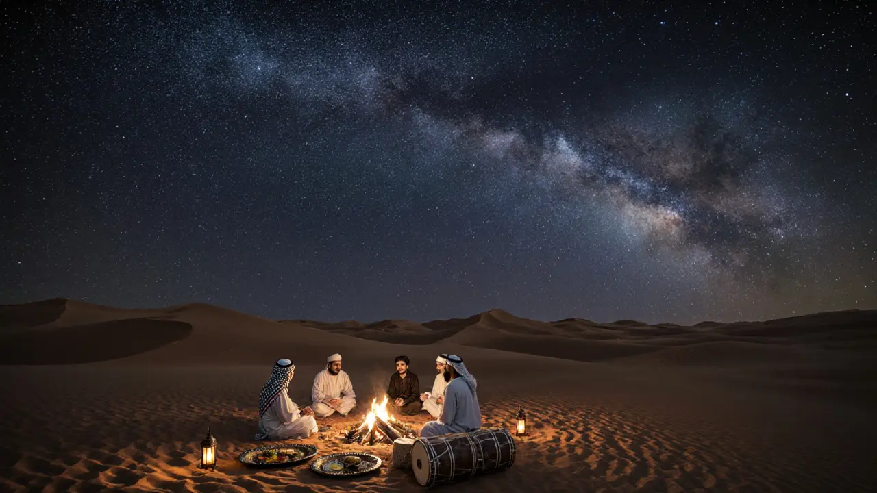 Desert night under the stars with Bedouin music and traditional dining.
