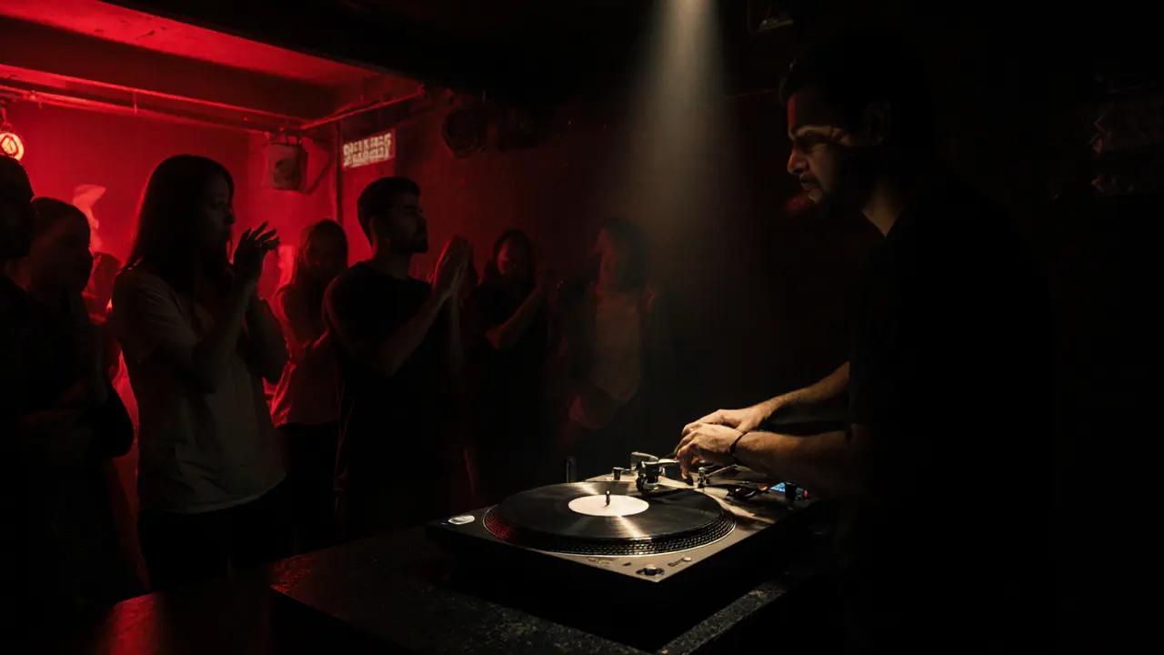 Dim underground club with black walls and a DJ mixing Arabic music into techno beats.