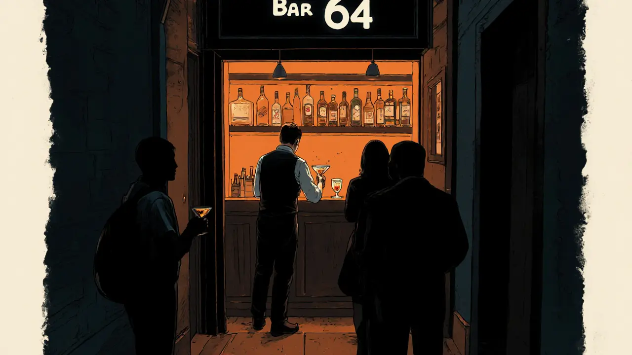 Dimly lit hidden bar entrance in Istanbul&#039;s Beyoğlu district with no sign, bartender crafting a unique cocktail.