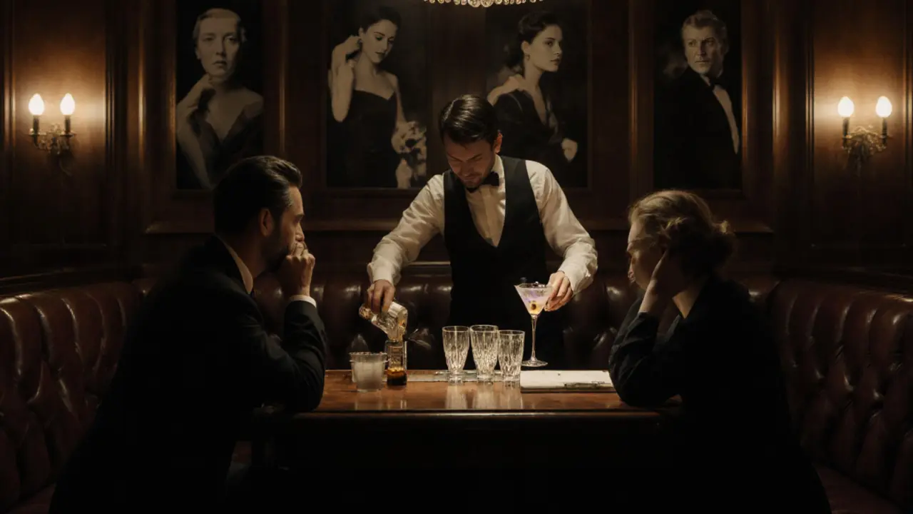 Dimly lit upscale bar with bartender pouring a signature cocktail in a leather booth, vintage photos on walls.