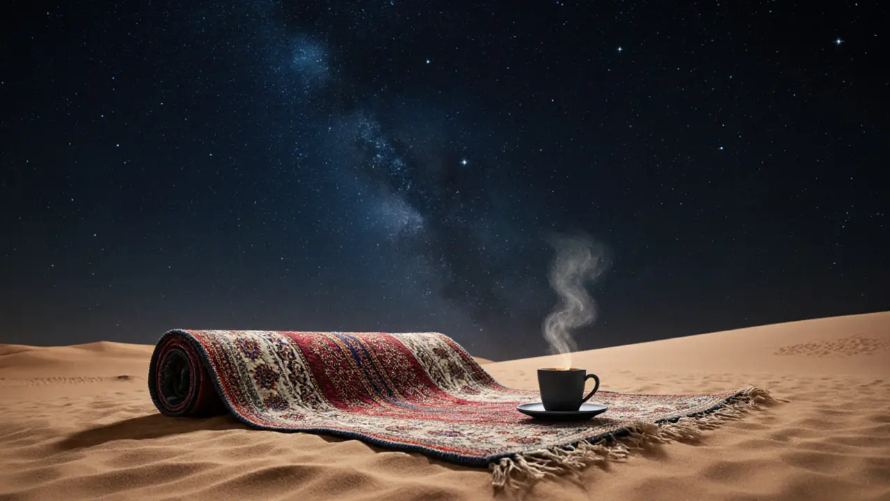 Emirati coffee and woven rug on desert sand under a star-filled night sky, no people present.