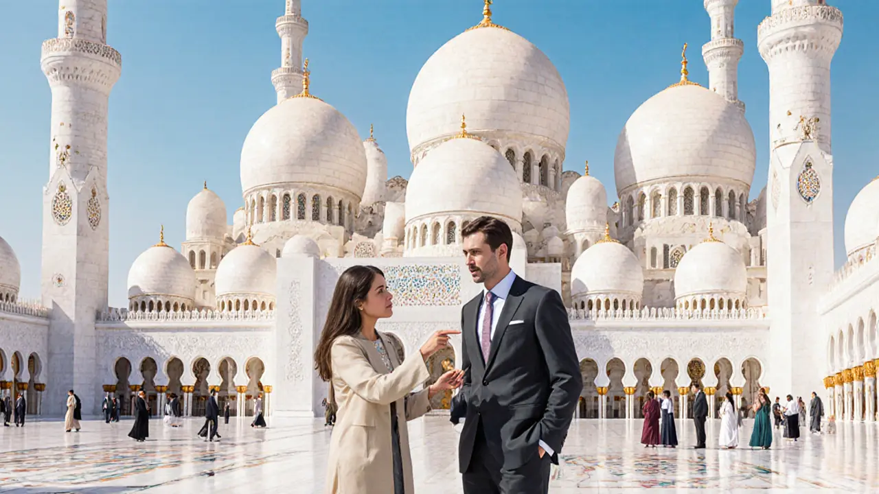 Expatriate listening to a companion explain architecture at Sheikh Zayed Grand Mosque during a cultural tour.