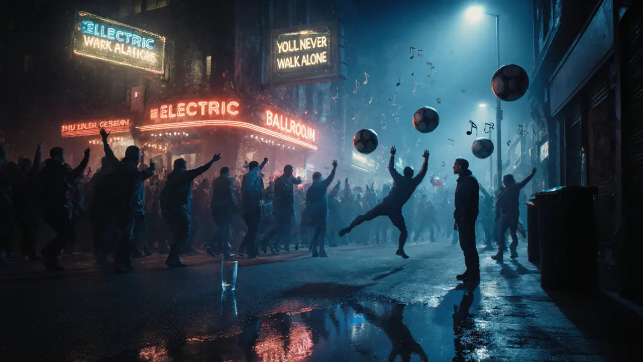 Fans dancing in a foggy street at night after a match, glowing neon signs and floating sports balls in the air.