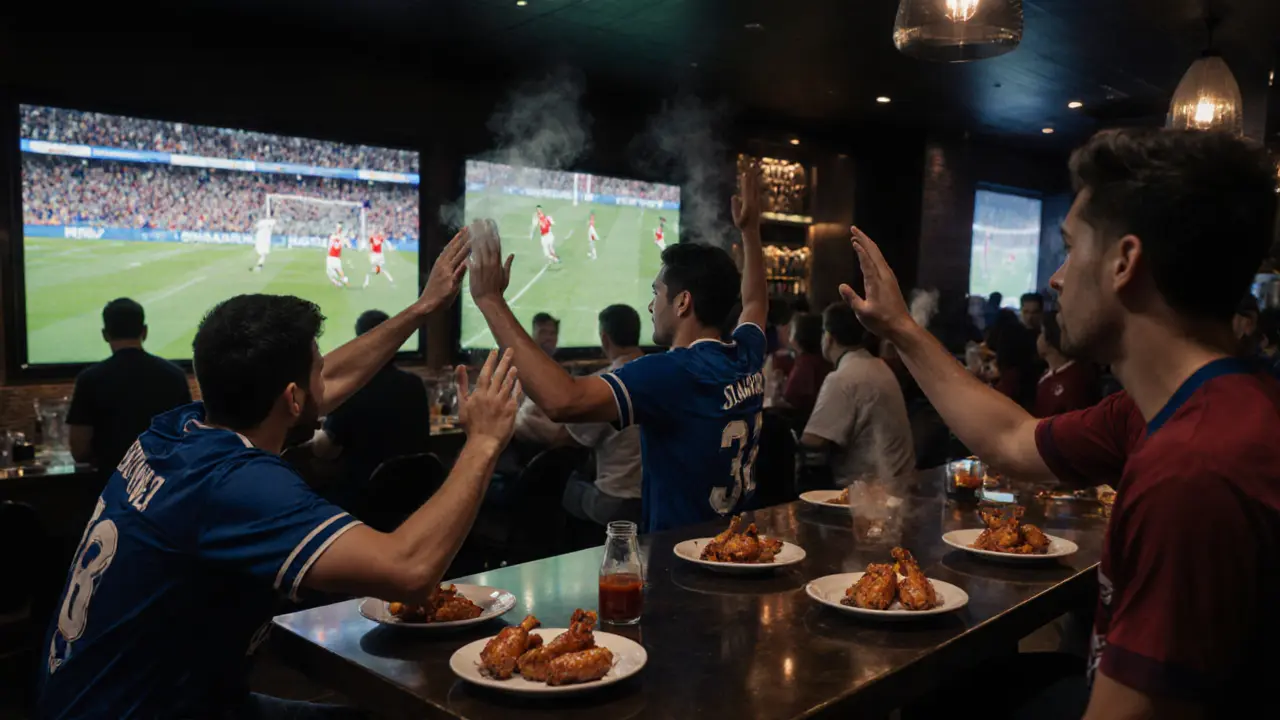 Fans high-fiving after a goal at The Sports Bar in Dubai Mall, surrounded by chicken wings and glowing screens.