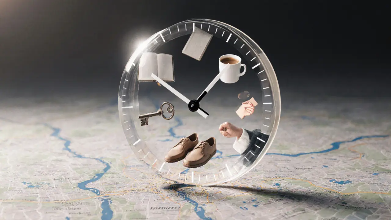 Floating symbols above Berlin represent choice, time, and human connection in a dreamy abstract style.